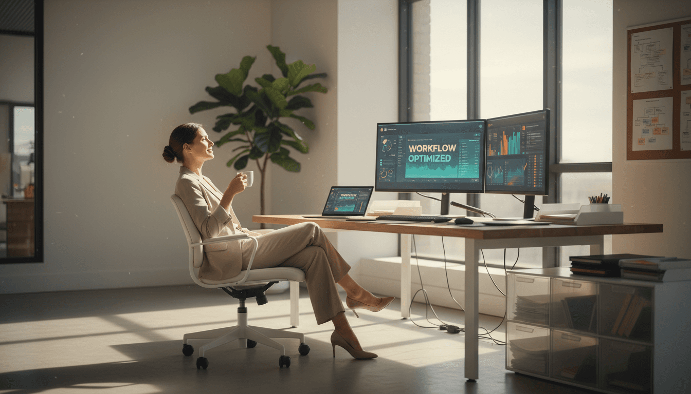 Business owner in an organized, efficient workspace with streamlined systems and clear visibility into operations