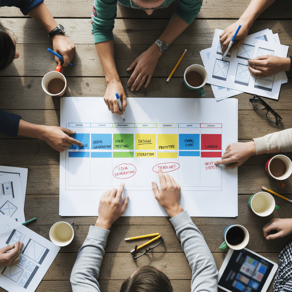 Growth planning session with two people reviewing roadmap on wooden table