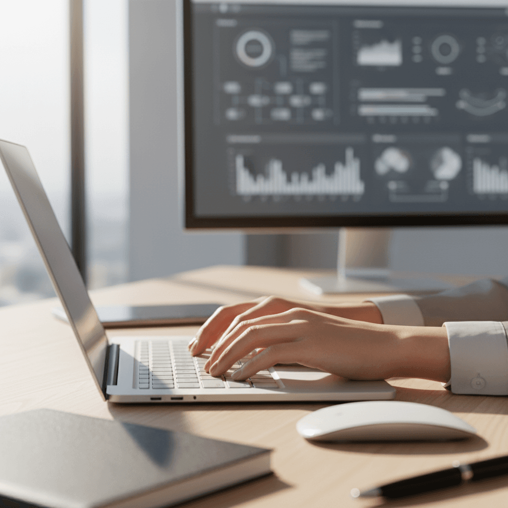AI integration with hands on keyboard and digital dashboards in background